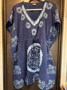 Indigo Blue Batik Tunic Dress with Light Blue sun Floral elephant stingray Print